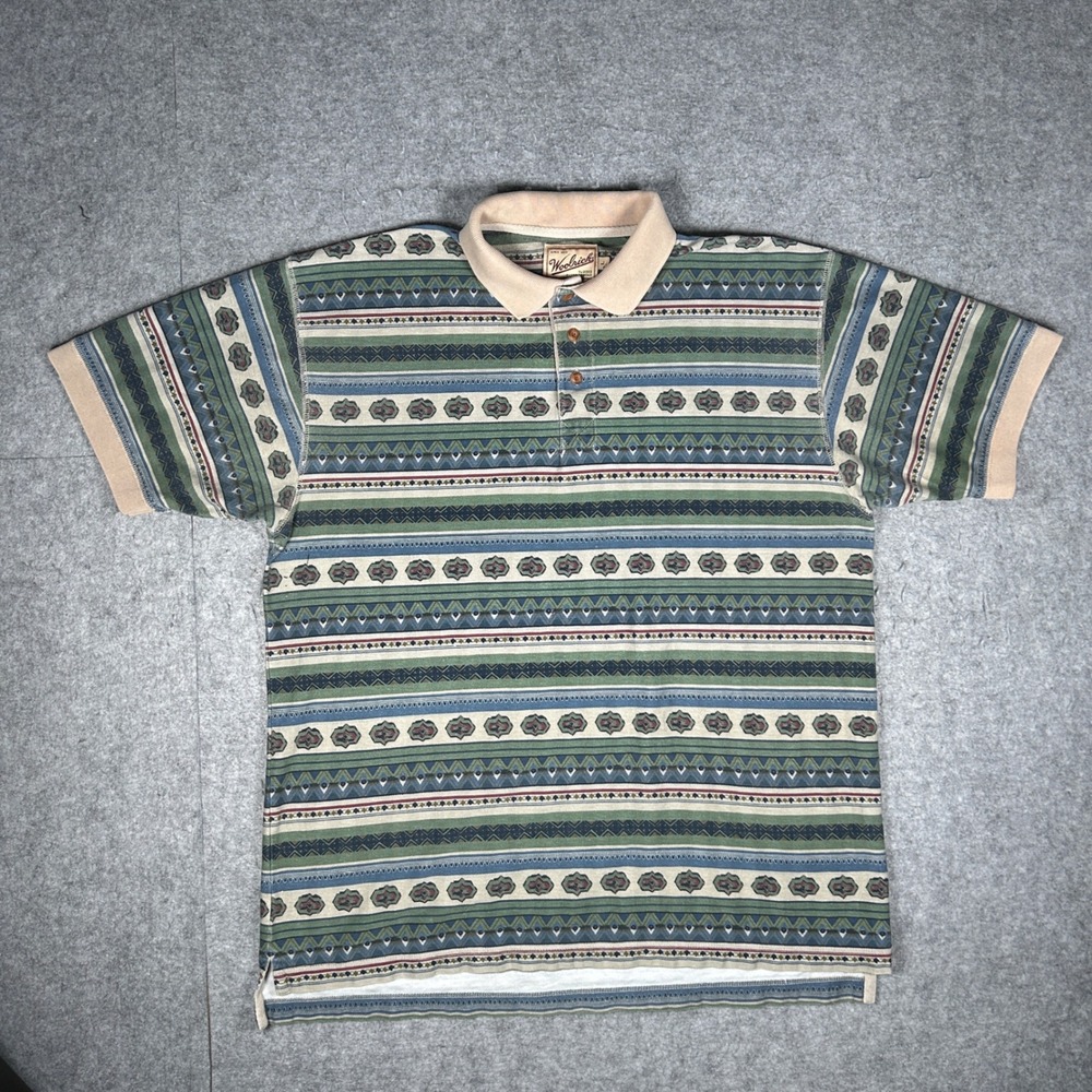 Woolrich Polo Shirt Mens Large Green Aztec Geometric Vintage Outdoor Gorpcore